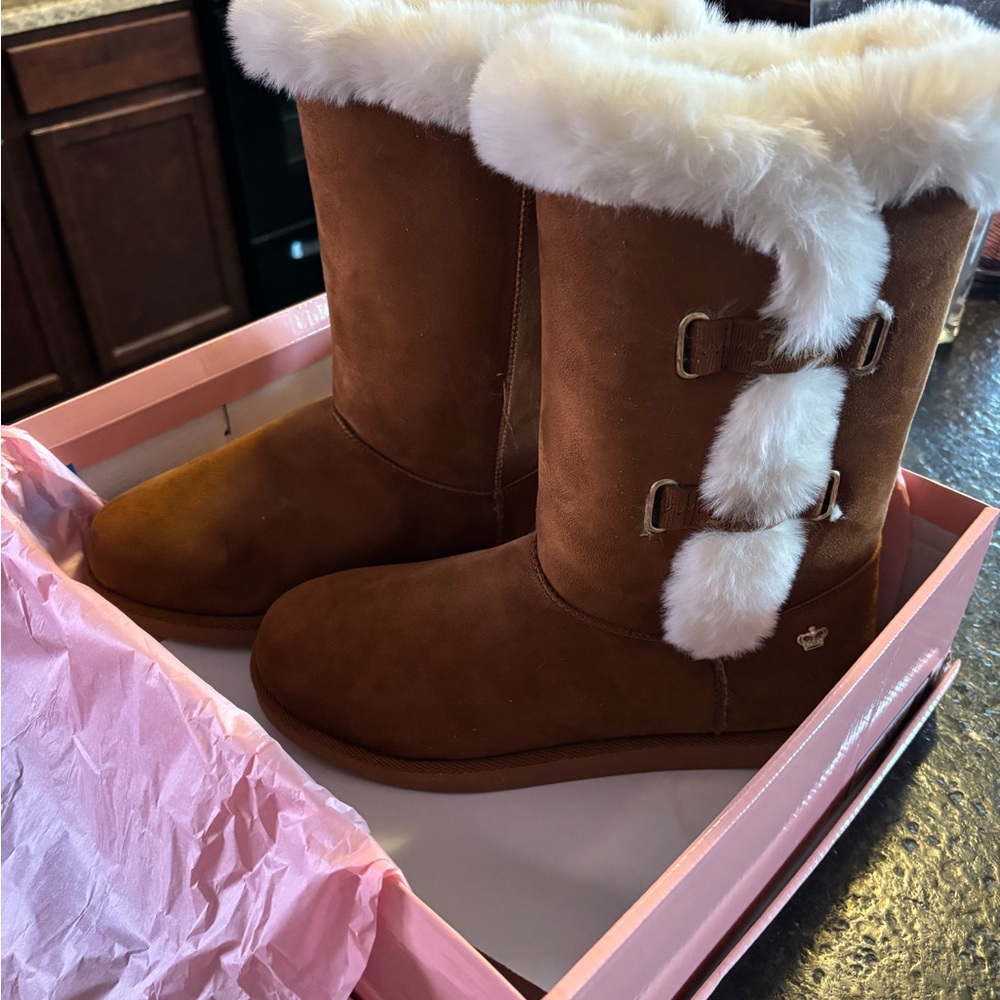 Brown and White Winter Boots with Fur Trim
